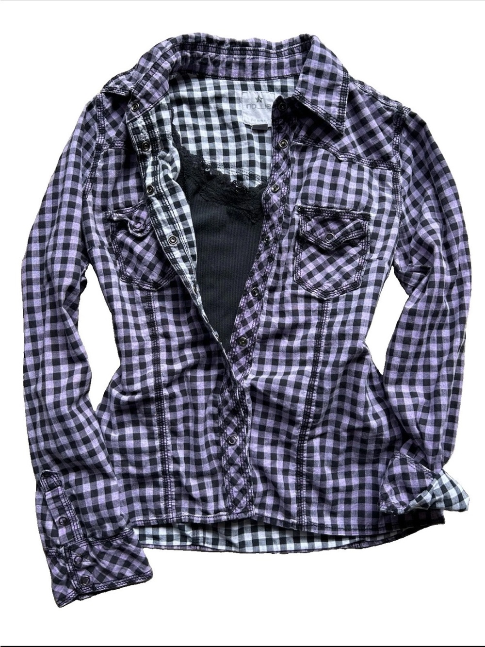 Vintage Y2K Women's Long Sleeve Snap Shirt M Check Black Purple Punk Grunge Goth